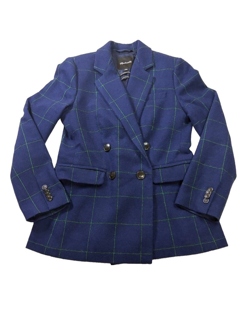Madewell Rosedale Blazer Women’s 0 Navy Green Plaid Wool Double Breasted